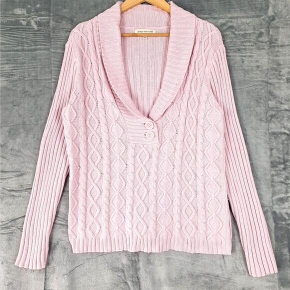 Womens Sweater Large Shawl Collar Cable Knit Chunky Fisherman Preppy Pastel Pink - Picture 1 of 6